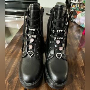 Guess Black Leather Embellished Combat Boots
